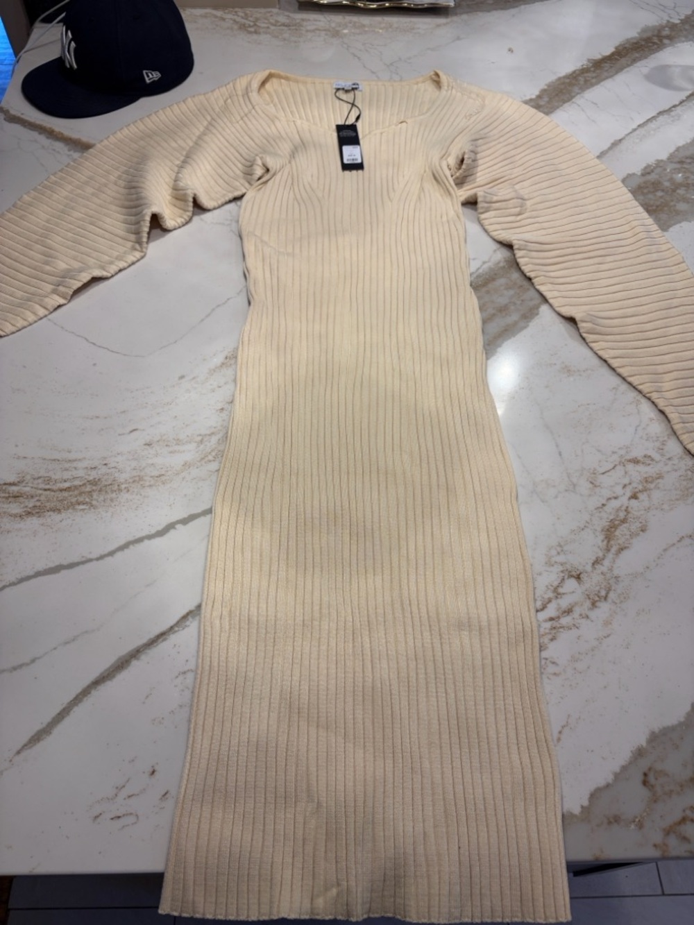 Ribbed Knit Long Sleeve Bodycon Dress - Cream